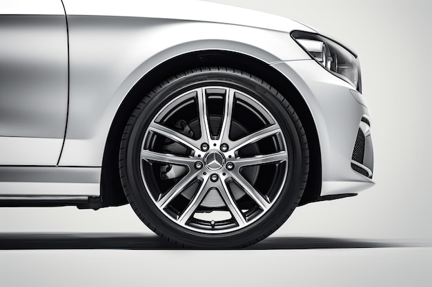 A brandnew and gleaming car wheel positioned separately against a white backdrop