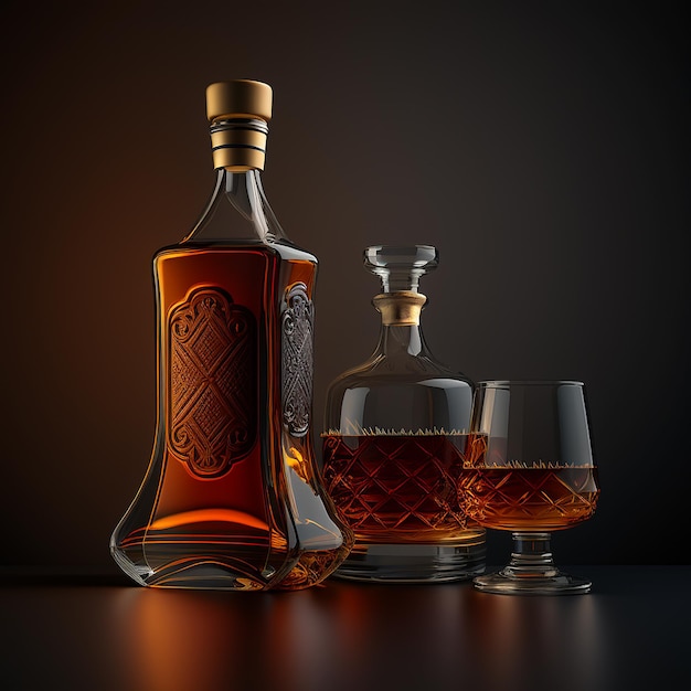 Brandy alcoholic beverage drink bottles with glass AI Generated