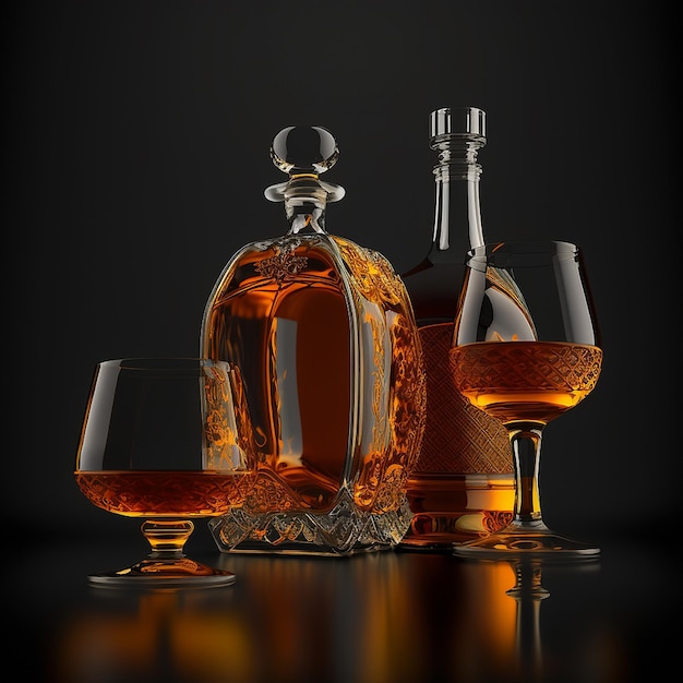 Brandy alcoholic beverage drink bottles with glass AI Generated