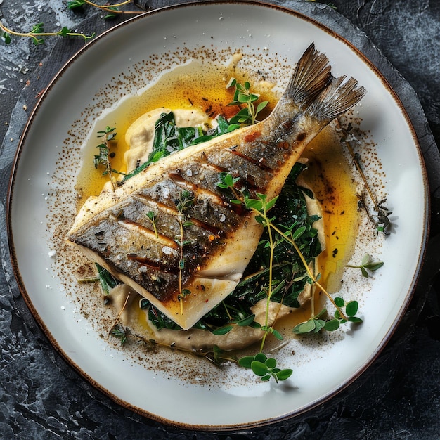 Branzino or Seabass Fillet with Bisque Sauce and Spinach with Grilled Spigola or Sea Bass on Dark Stone