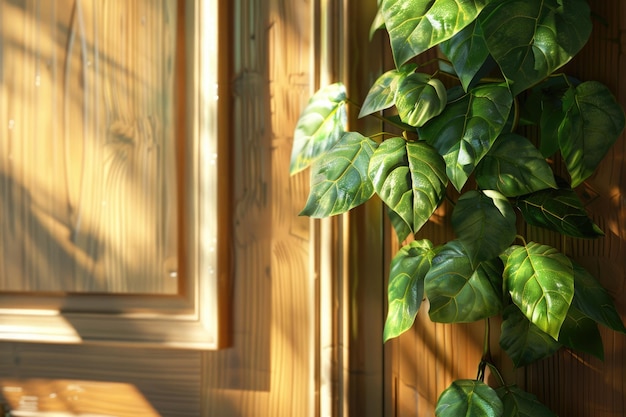 Brass betel leaf decoration on cupboard door in sunny room