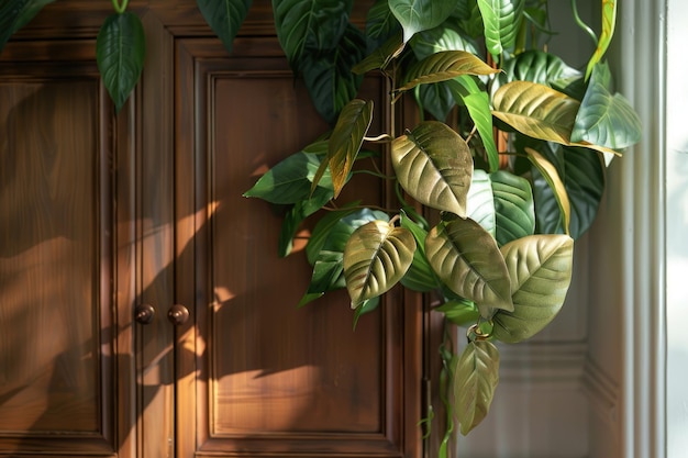 Brass betel leaf decoration on cupboard door in sunny room