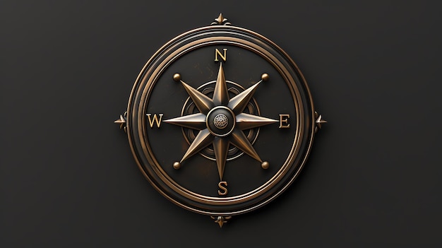 A brass compass rose on a black background