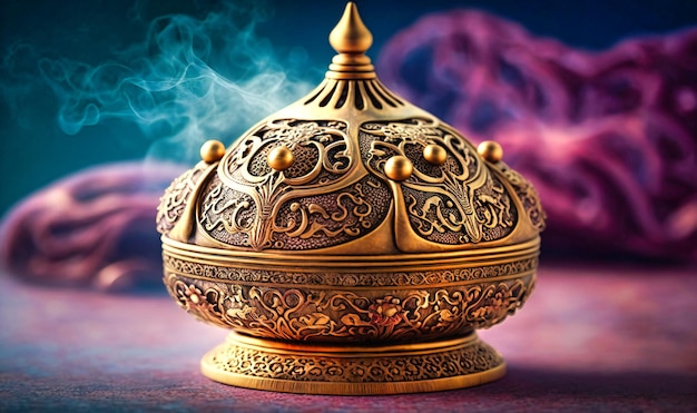 A brass incense burner emitting a fragrant cloud of bukhoor