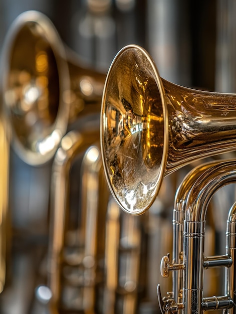 Photo brass instruments including trumpet trombone and tuba