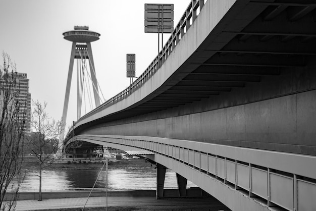 BRATISLAVA, SLOVAKIA - APRIL 19, 2018. Tower of UFO bridge-building over Danube river in Bratislava, Slovakia.