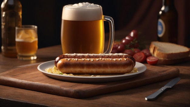 Bratwurst Sausage Hotdogs with A Pint of Frosty Beer Oktoberfest