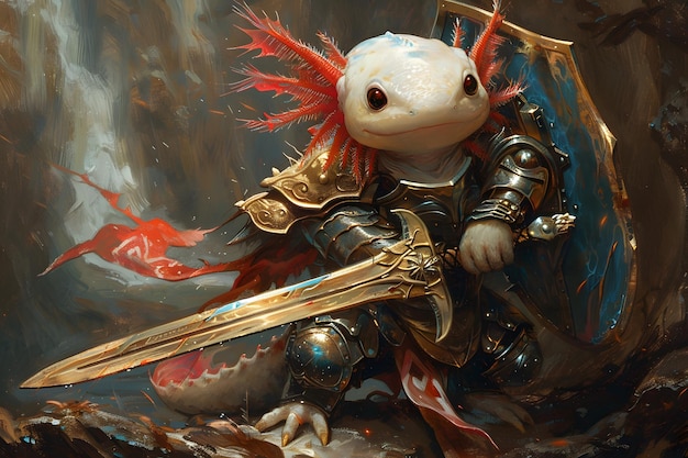 A brave axolotl knight in shining armor holding a sword and shield with a dramatic backdrop of scene