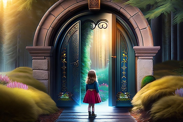 A brave and curious girl standing in front of magical door