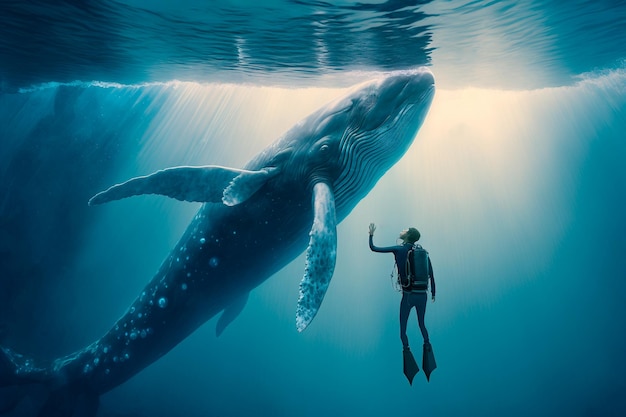 Brave diver floats alongside a magnificent whale capturing a moment of aweinspiring beauty in the deep sea Generative AI