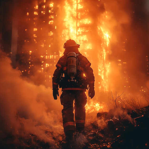 Brave firefighter in action amidst intense flames capturing the heroism drama and danger at a burning site emotional impact emphasized generative AI