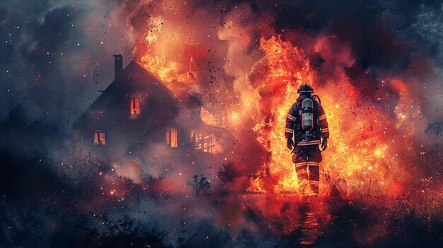 Photo brave firefighter advancing on a flaming residential building at dusk fireman approaching a severe house fire concept of rescue courage firefighting duty and danger copy space watercolor art