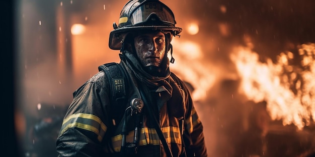 Brave firefighter in an epic universal fire