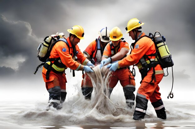 Photo brave firefighters battling a fierce blaze amidst smoke and chaos showcasing their heroic efforts