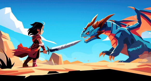 Photo a brave girl warrior battles a massive serpent her fierce dragon companion in a vibrant