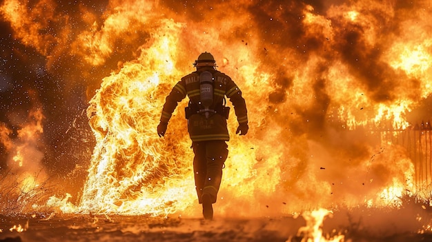 A brave and handsome chinese firefighter risking his life urgently sprints towards the massive flames at the intense fire scene Ai Generated