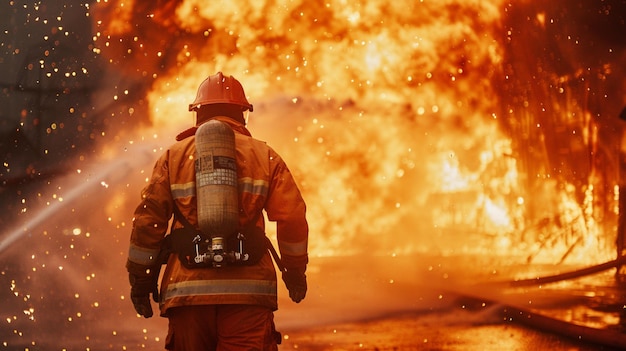 A brave and handsome chinese firefighter risking his life urgently sprints towards the massive flames at the intense fire scene Ai Generated