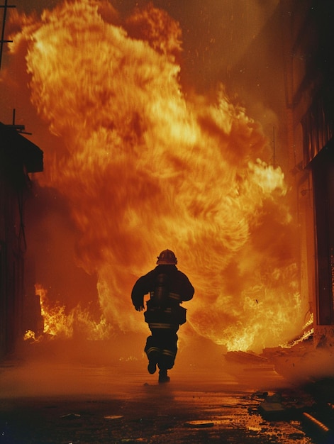 A brave and handsome chinese firefighter risking his life urgently sprints towards the massive flames at the intense fire scene Ai Generated