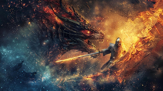 A brave knight battles a fierce dragon in a fiery epic fight