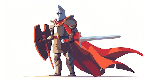 A brave knight in full armor holding a sword and shield