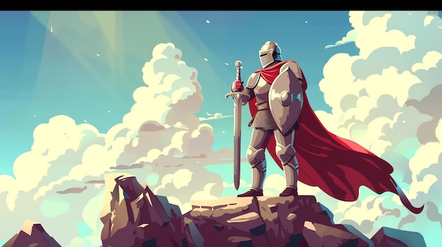 A brave knight stands atop a mountain with a sword and shield the clouds below