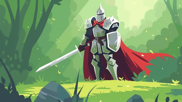 Photo a brave knight stands in a forest ready for battle