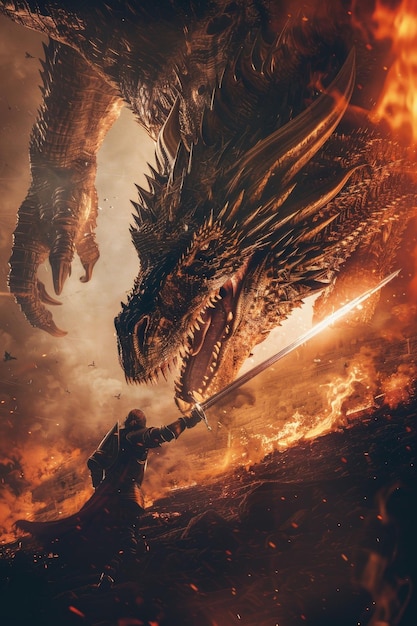 A brave knight with a mystical sword battles a fearsome firebreathing dragon to save the kingdom