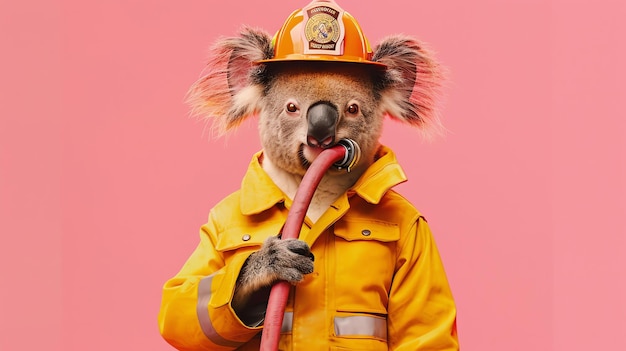 A brave koala firefighter wearing a protective fire suit and helmet holding a fire hose in its mouth is ready to put out fires and save lives