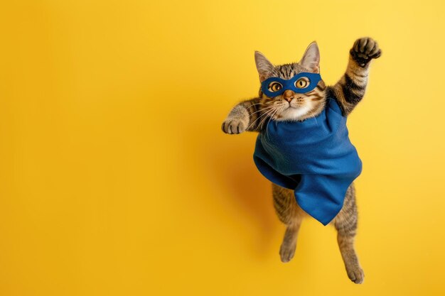 Photo brave little cat hero with cloak and mask on light background