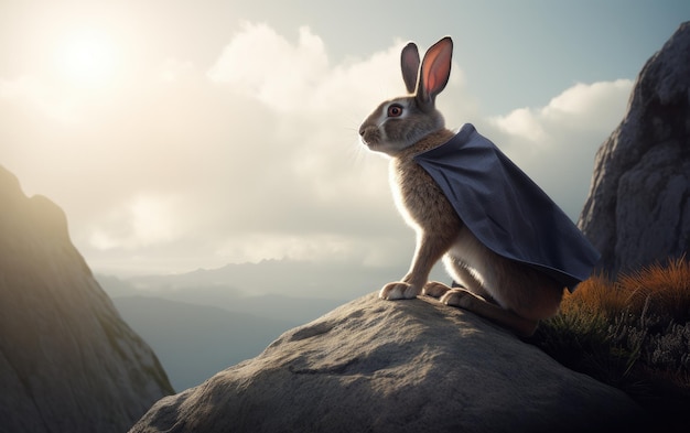 Brave rabbit with a cape sitting on top of a mountain facing a wide mountainous landscape Generative AI