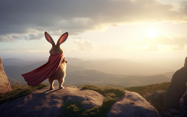 Brave rabbit with a cape stands on top of a mountain facing a wide mountainous landscape Generative AI