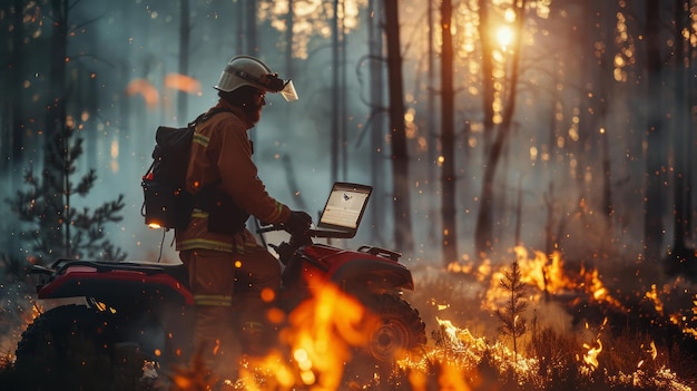 Photo brave skilled firefighter stands next to atv using laptop computer in forest with burning forest fire the director or unit leader makes sure that the emergency situation is under control