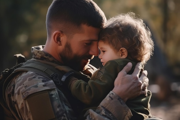 Brave soldier tenderly holds a small child in their arms