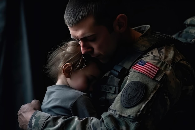 Brave soldier tenderly holds a small child in their arms