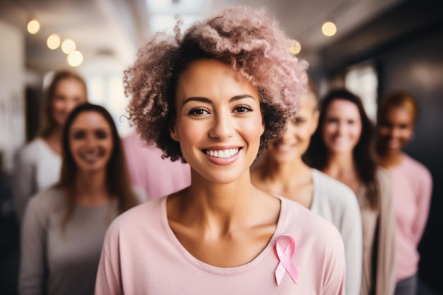 A brave woman smiling with her support group celebrating her victory over breast cancer empty space