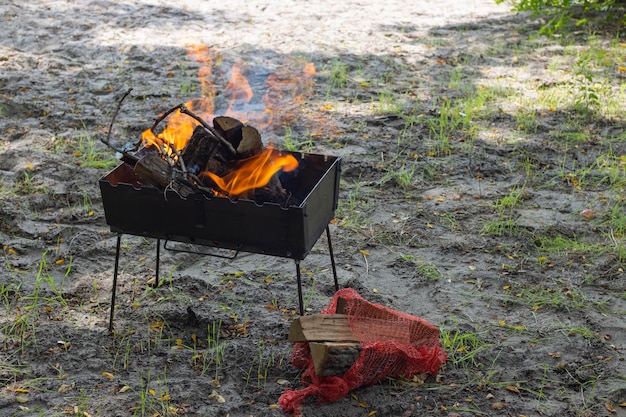 Brazier with burning firewood in nature in the forest