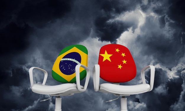 Brazil and China business chairs International relationship concept 3D Rendering