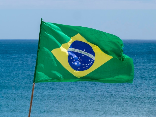 Brazil flag fluttering in the wind with river landscape in the background