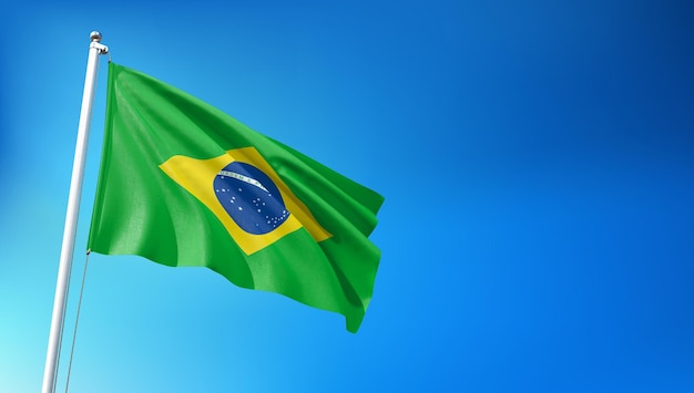 Brazil Flag Flying on Blue Sky Background 3D Render