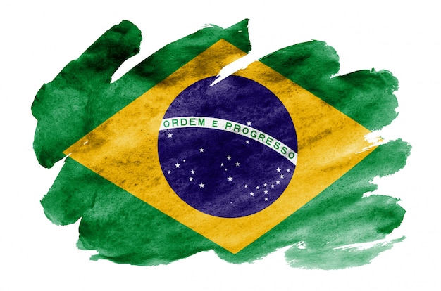 Brazil flag  is depicted in liquid watercolor style isolated on white