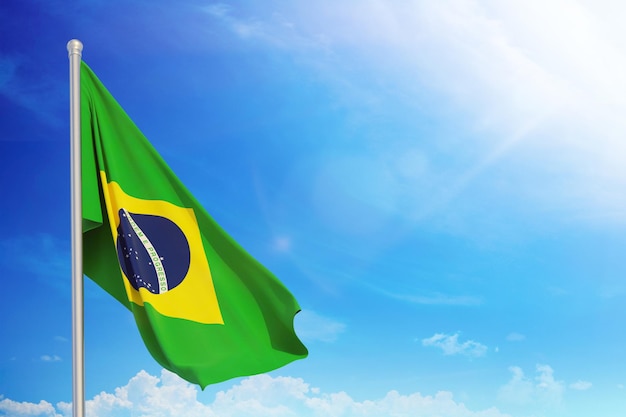 Brazil flag waving very detailed texture with shiny blue sky background, 3d rendering