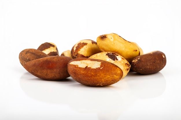 Brazil nut Bertholletia excelsa on a white surface, isolated