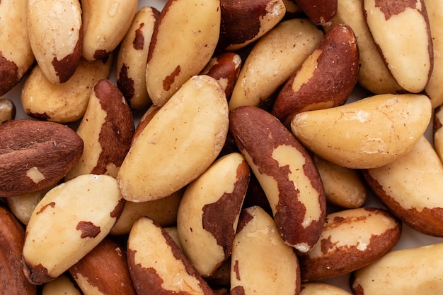 Brazil nuts close up. Breakfast, healthy food. It can be used as a background