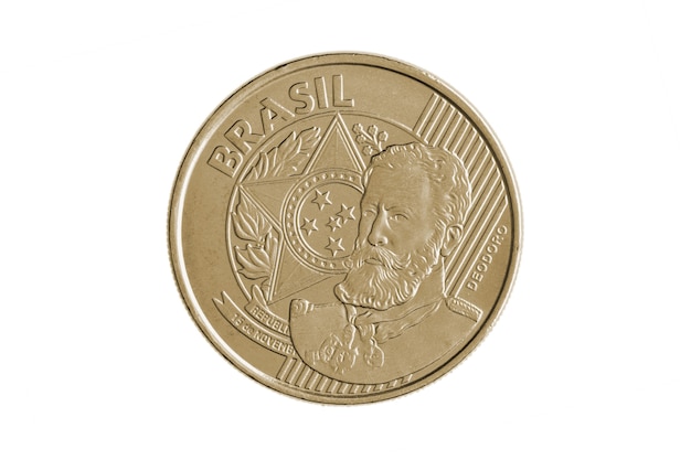 Brazilian "25 centavos de Real" 2021 coin anverse on white background - high magnification