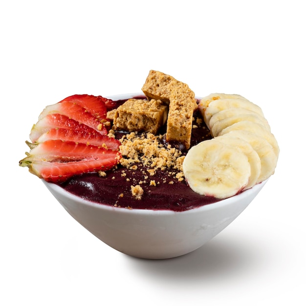 Brazilian Acai Bowl with Pacoca Banana and Strawberry isolated on white background