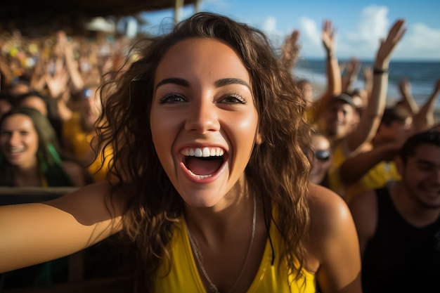 Brazilian beach soccer fans celebrating a victory