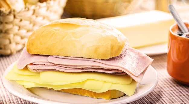 Brazilian breakfast french salt bread with mozzarella cheese and ham tradition on brazil