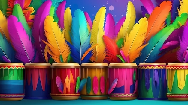 Brazilian carnival concept idea Multicolored feathers and ethnic Latin American drums Generative Ai