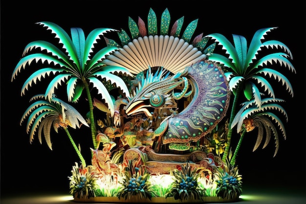 Brazilian carnival floats with beautiful samba themed sculptures and colorful embellishments