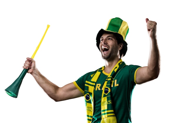 Brazilian Fan Celebrating, on a white space.